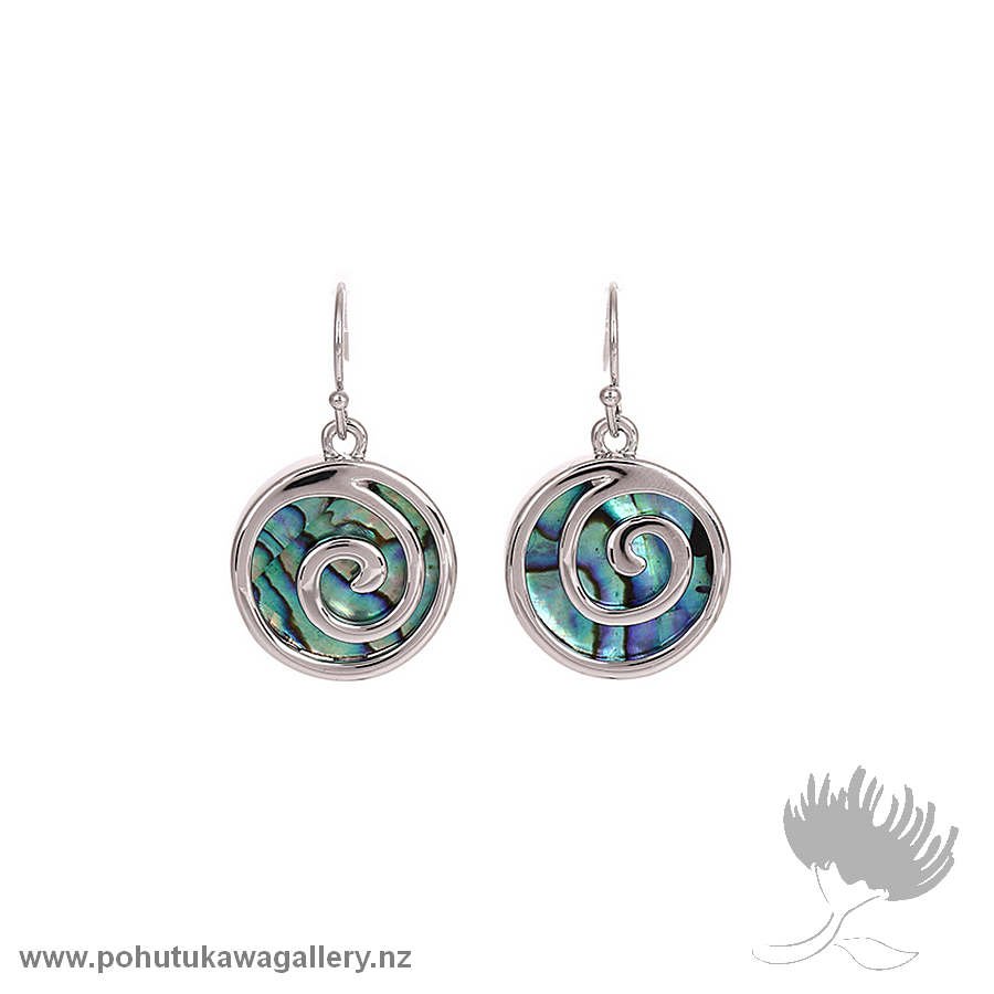 Rhodium Drop Earrings – Paua and Koru Disc