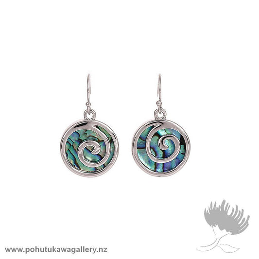 Rhodium Drop Earrings – Paua and Koru Disc