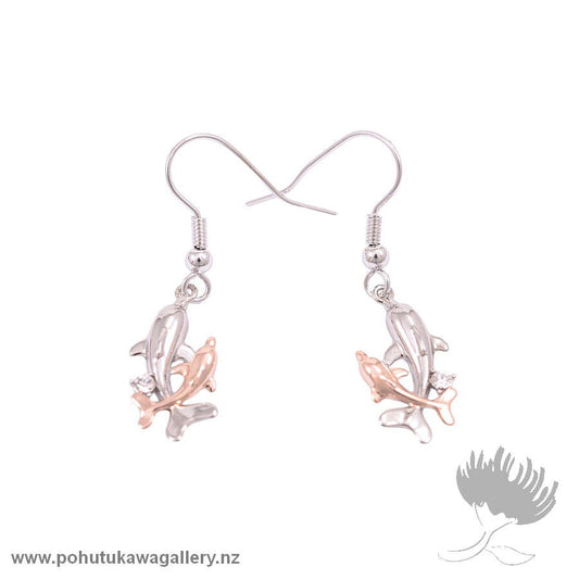 Rhodium Drop Earrings – Double Dolphin