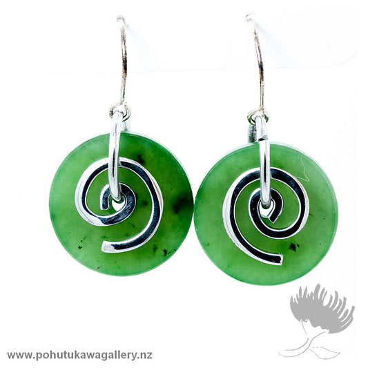 Greenstone Disc Koru Earrings